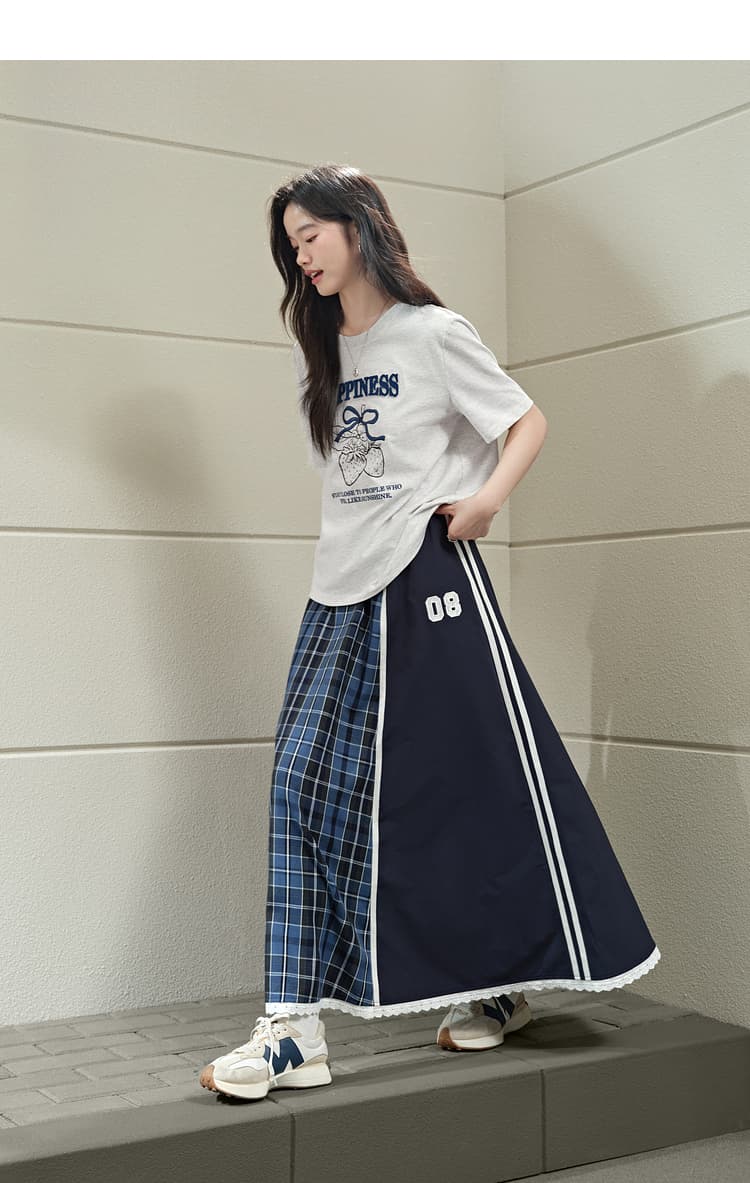 青ファッション スカート 異素材切替マキシ丈ボトムス