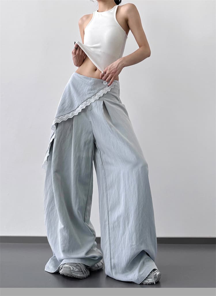 青ファッション 春夏ワイドパンツ ハイウエスト 青系ゆったりシルエット