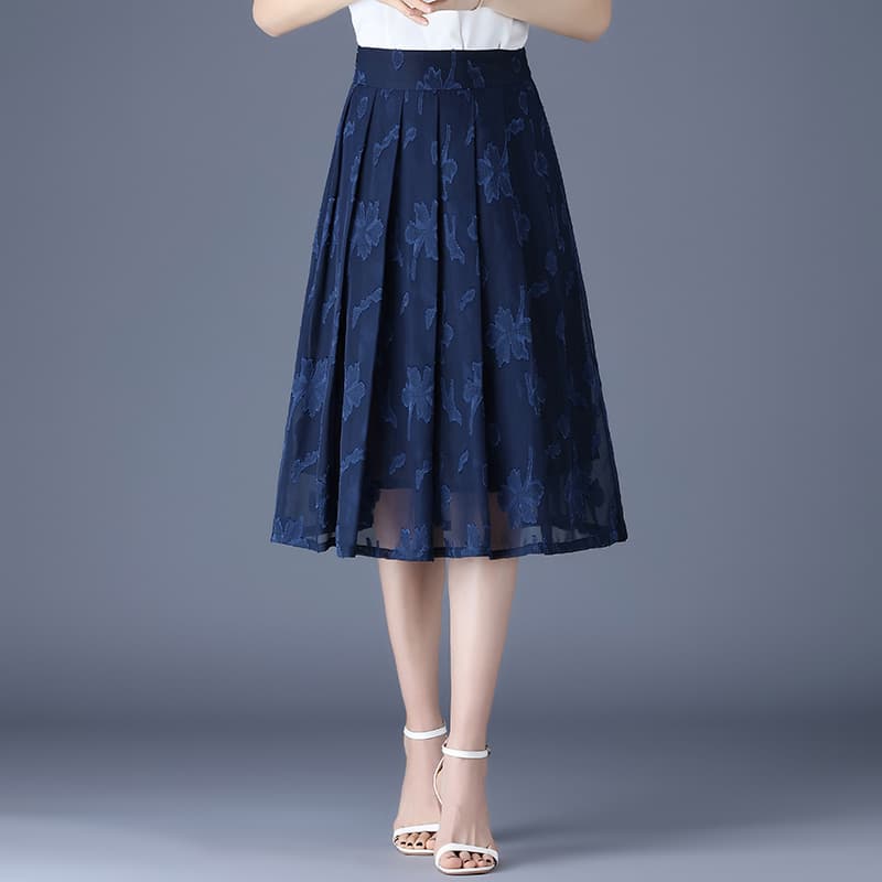青ファッション スカート 花柄プリーツミディボトムス