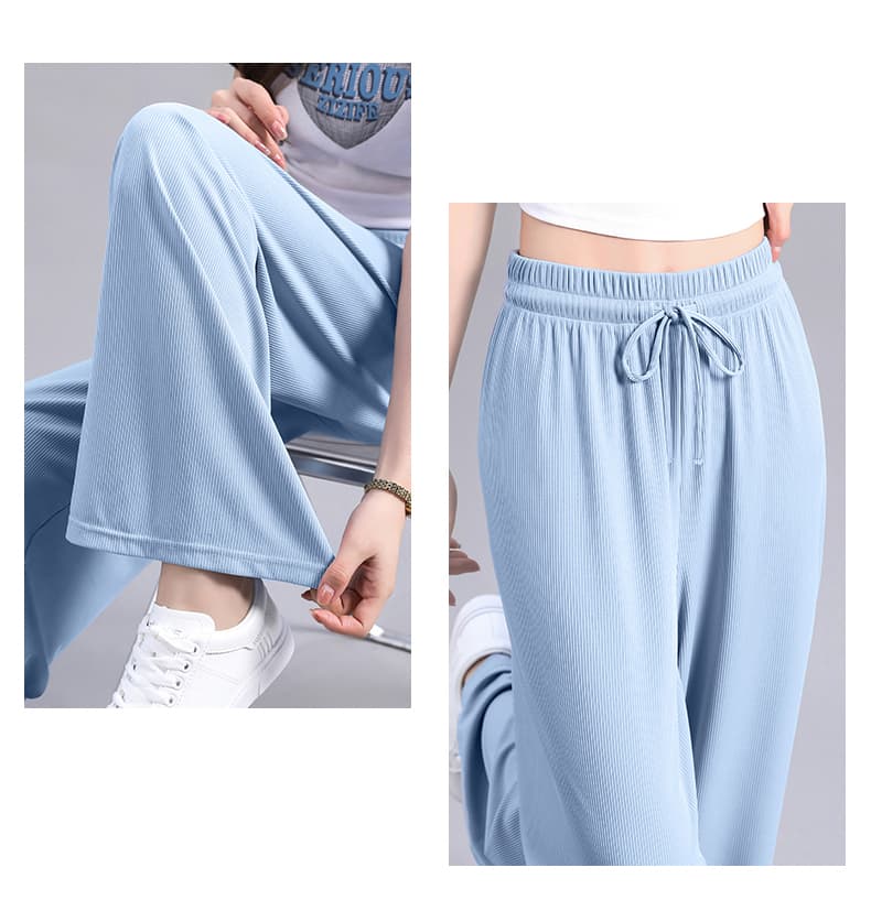 青ファッション パンツ リブ素材ワイドパンツ