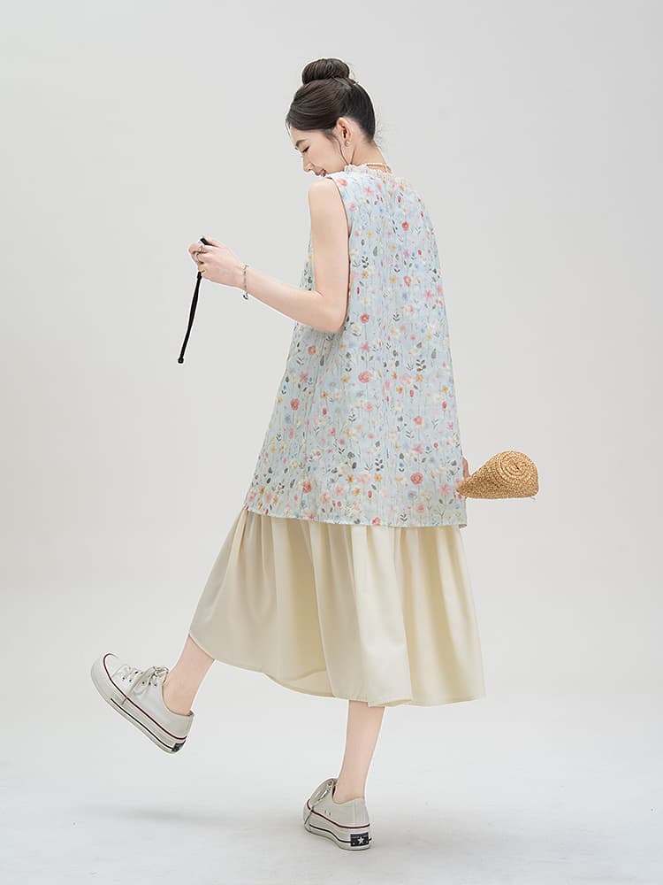 青ファッション 花ノースリーブチュニック