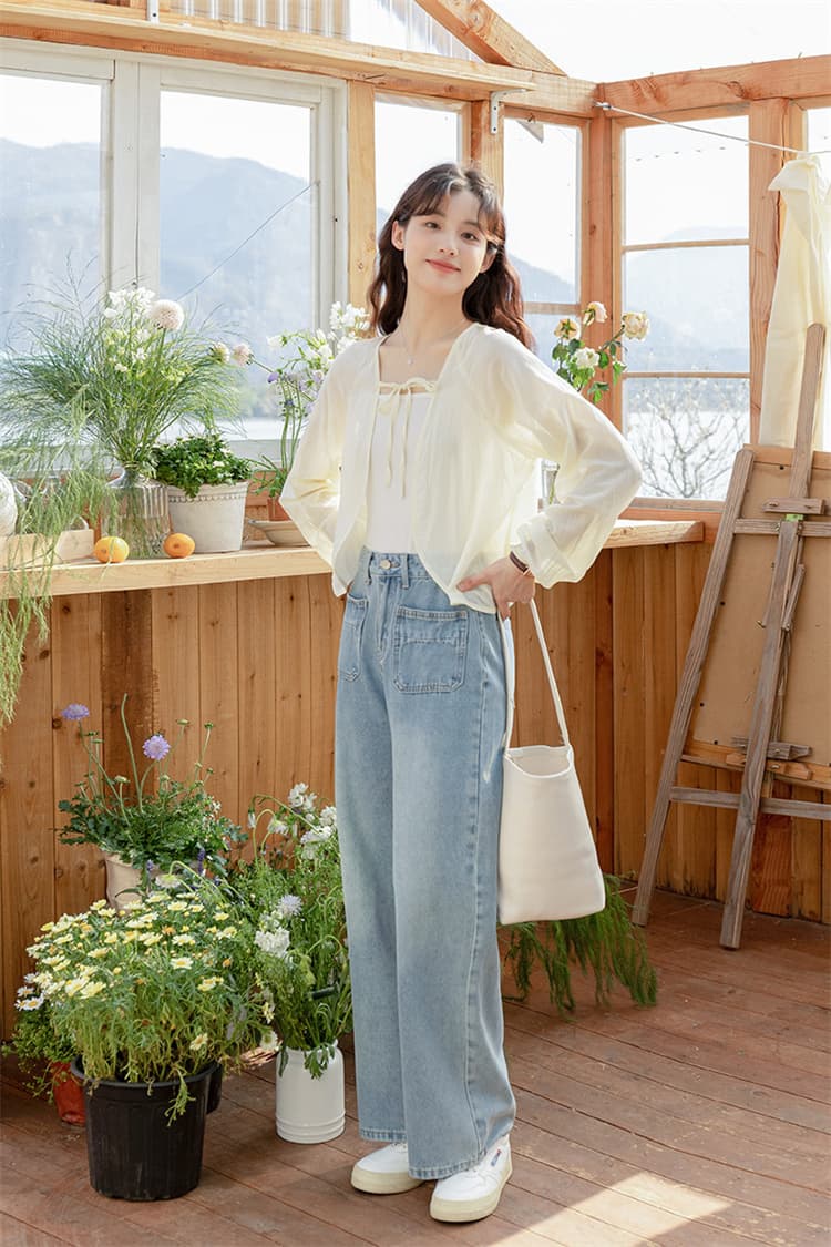 青ファッション 秋の青色ハイウエストワイドデニムパンツ