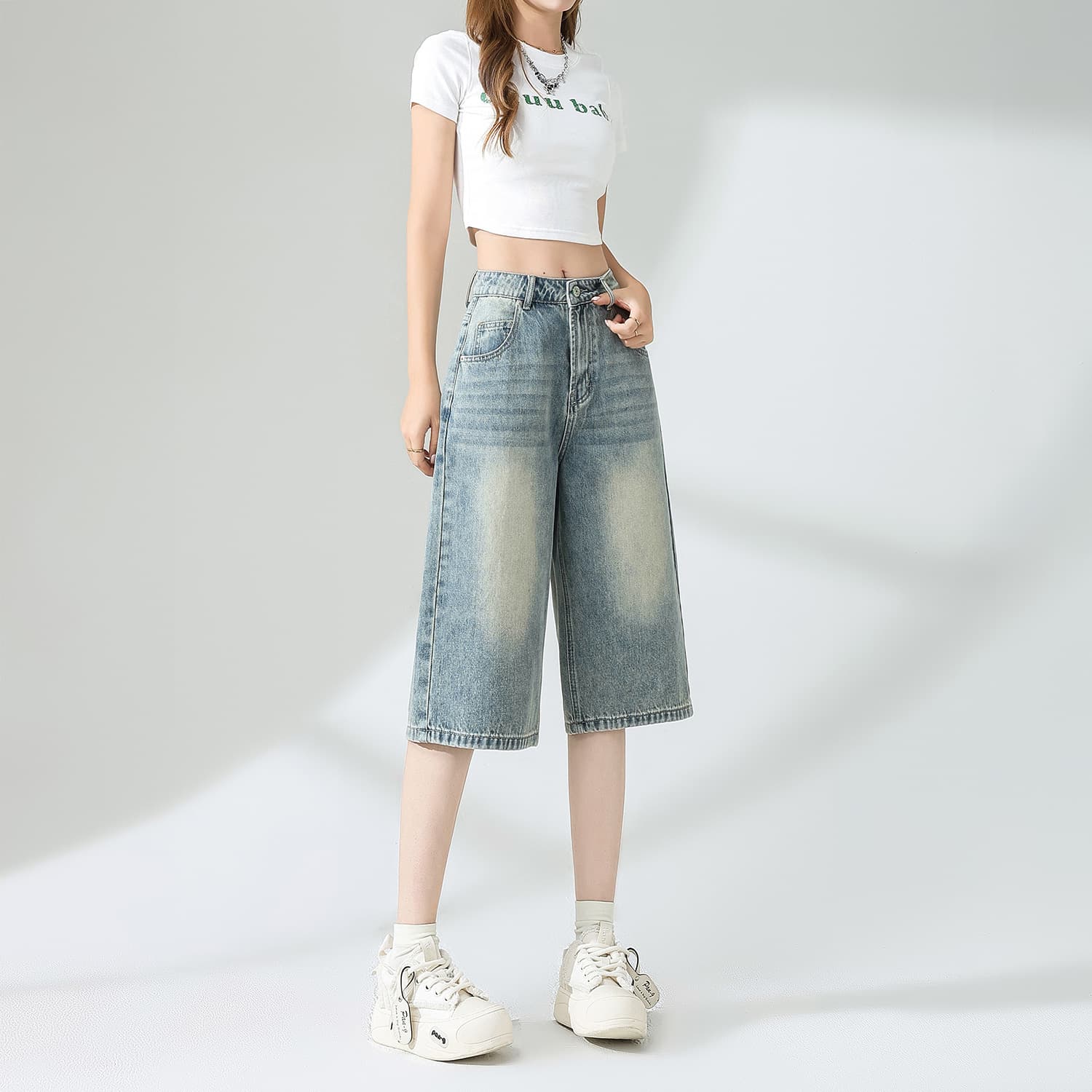 青ファッション ゆったりガウチョデニムパンツ