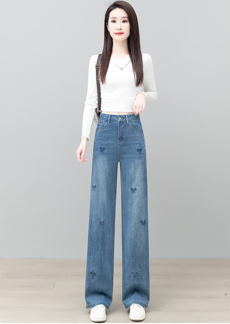 青ファッション パンツ 蝶結び柄ワイドデニム