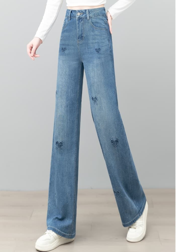 青ファッション パンツ 蝶結び柄ワイドデニム