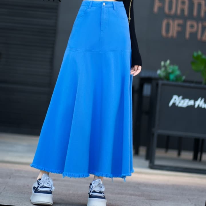 青ファッション スカート フレアデニムロングボトムス