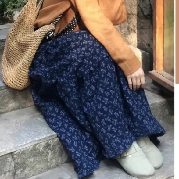 青ファッション スカート 小花柄マキシボトムス