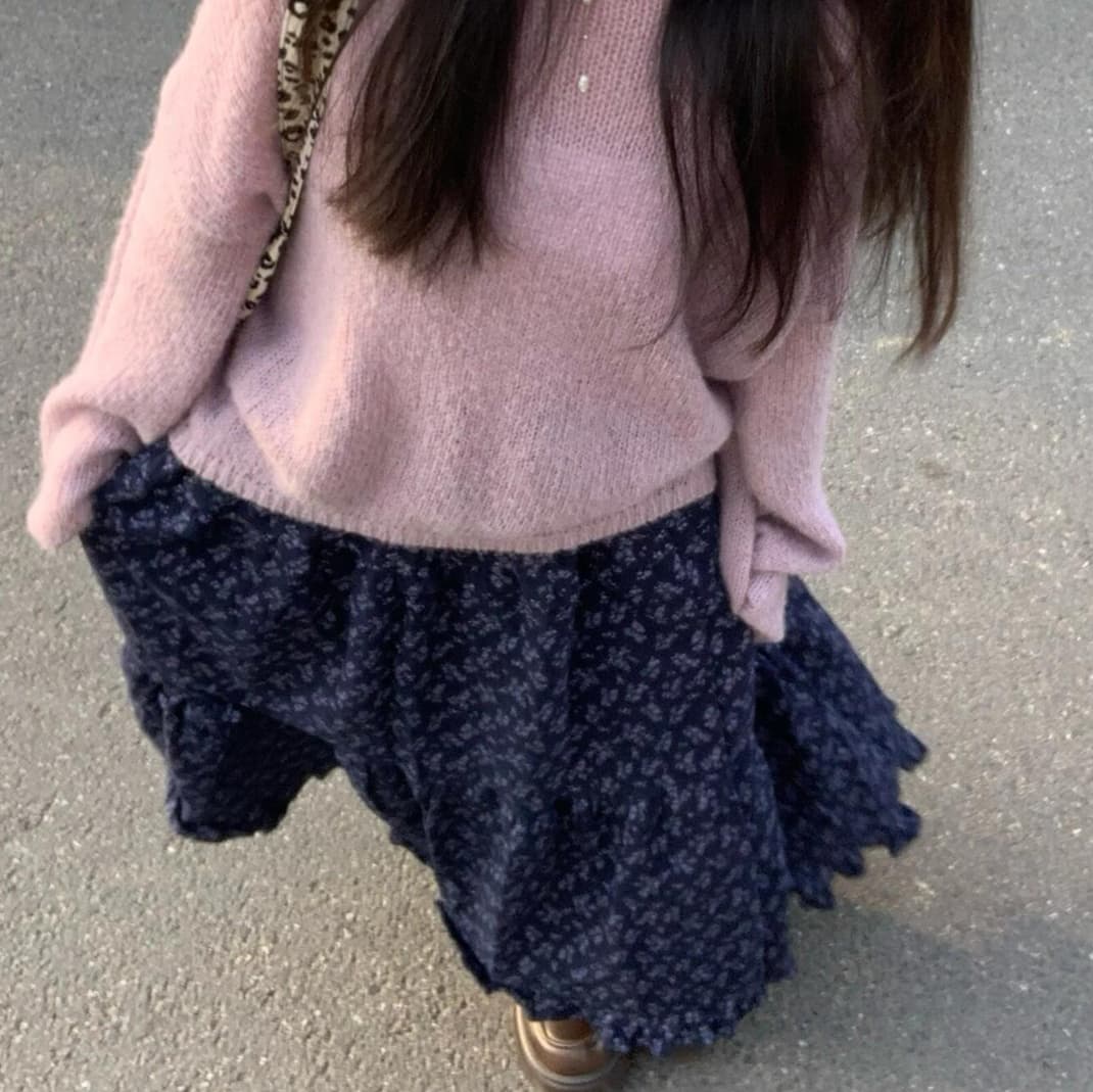 青ファッション スカート 小花柄マキシボトムス