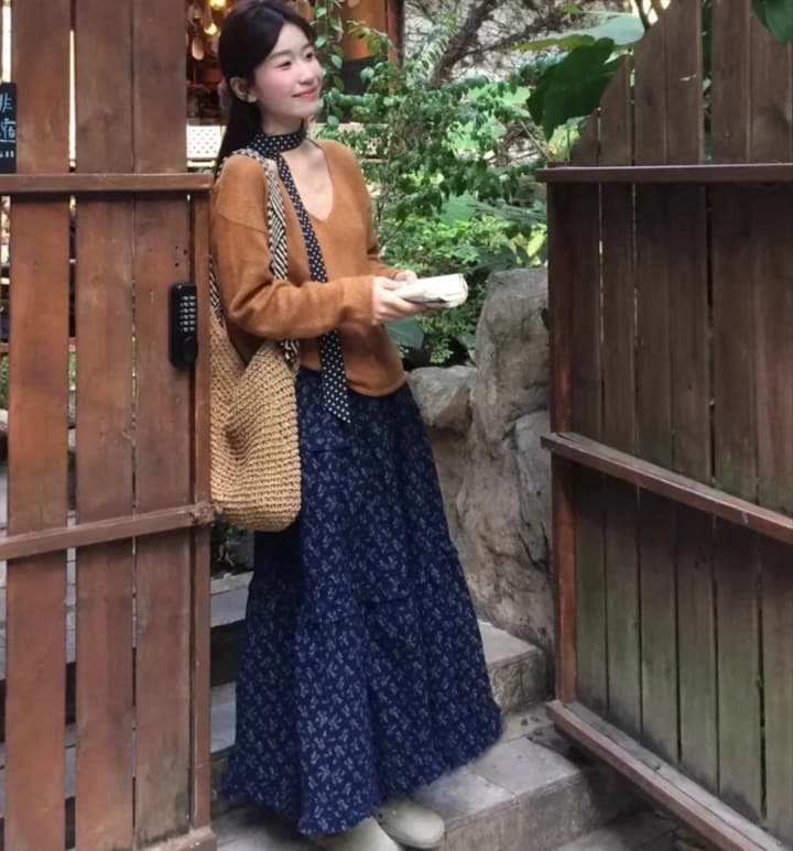 青ファッション スカート 小花柄マキシボトムス