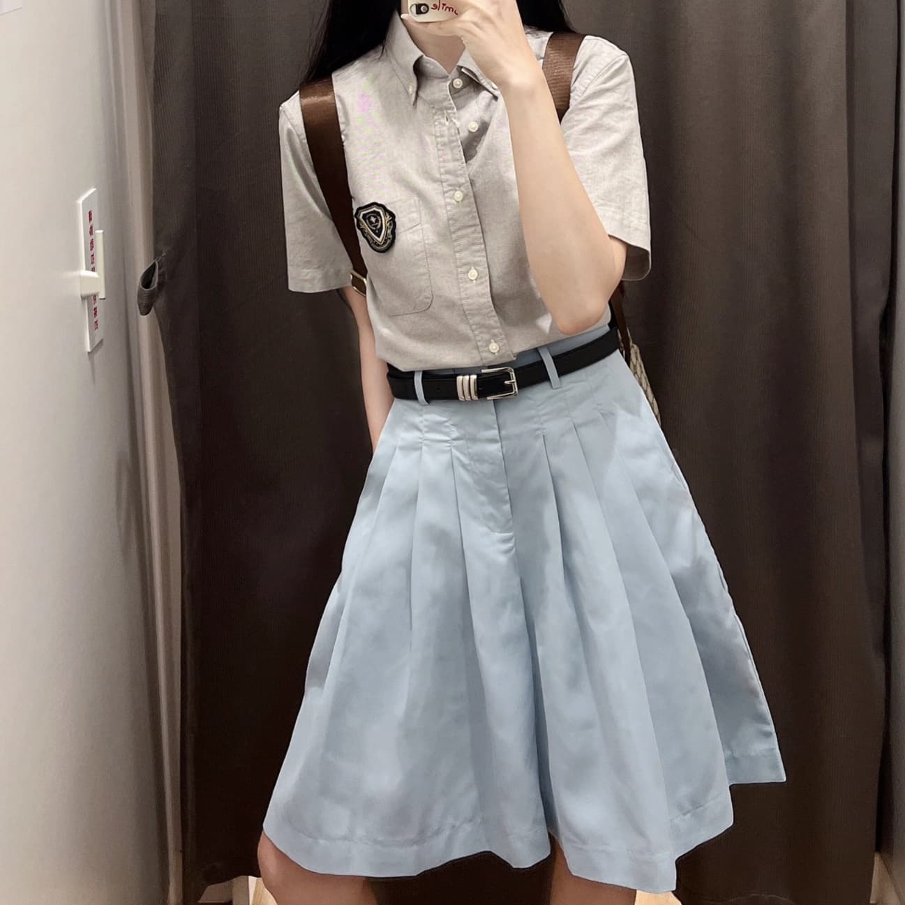 青ファッション スカート 優美なプリーツ入りフレアボトムス