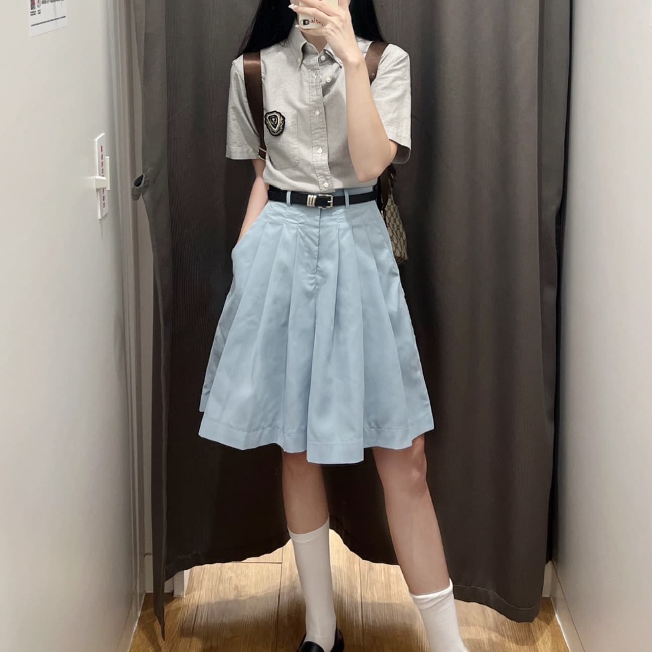 青ファッション スカート 優美なプリーツ入りフレアボトムス