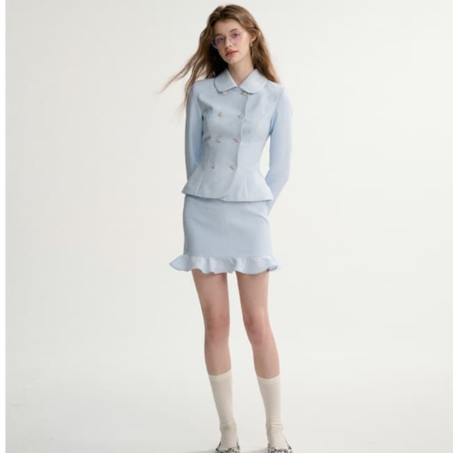 青ファッション セットアップ フリルスカートスーツ