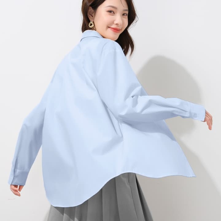 青ファッション シャツ ゆったりシルエット長袖開襟シャツ