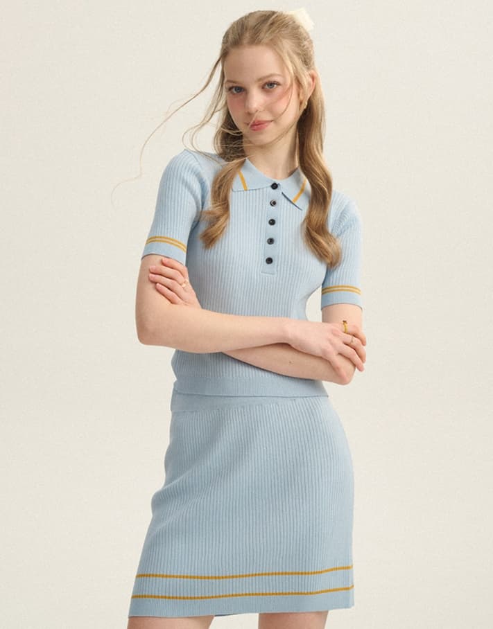 青ファッション セットアップ リブニットポロシャツ