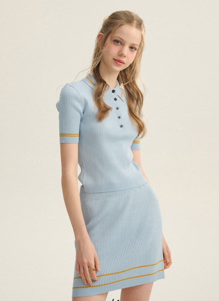 青ファッション セットアップ リブニットポロシャツ