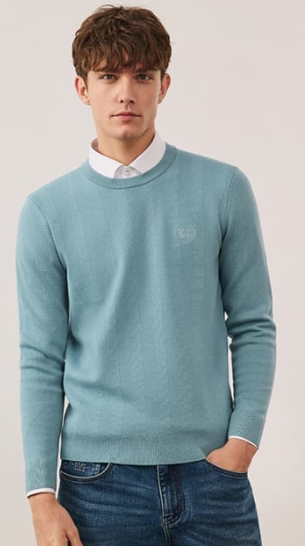 青ファッション ニット クラシック丸首セーター