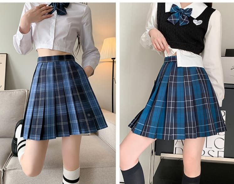 青ファッション スカート プリーツタータンチェックスカート