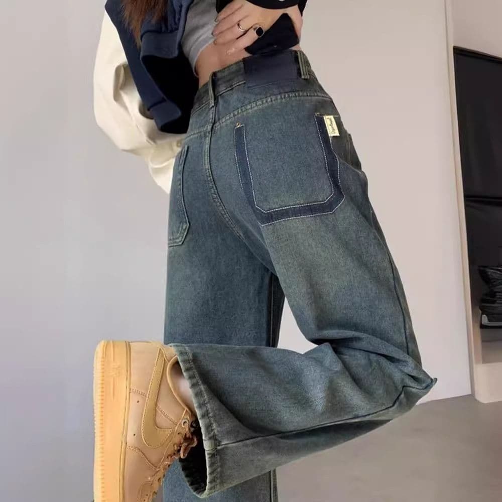 青ファッション ゆったりワイドデニムパンツ