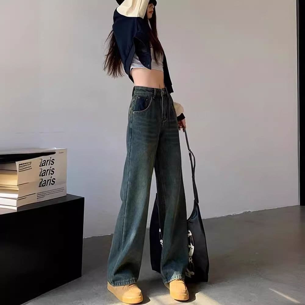 青ファッション ゆったりワイドデニムパンツ