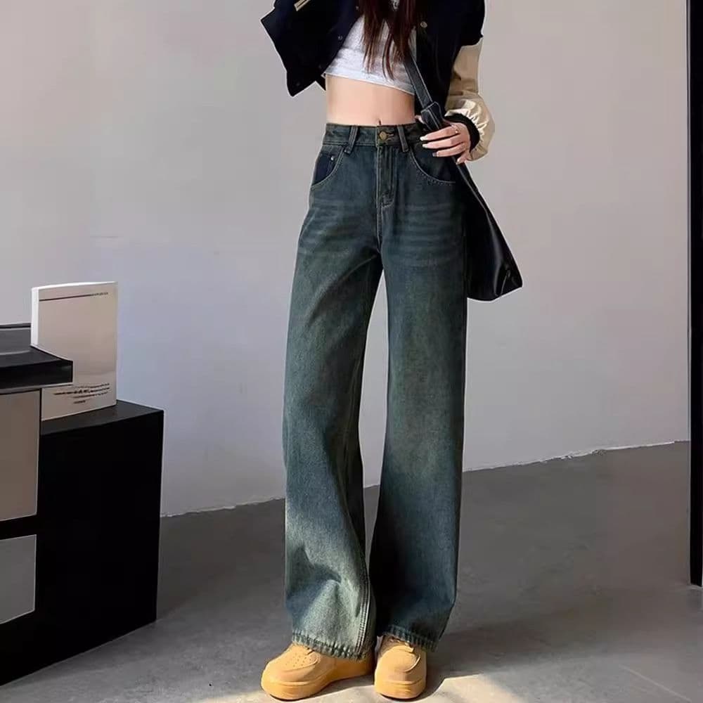 青ファッション ゆったりワイドデニムパンツ