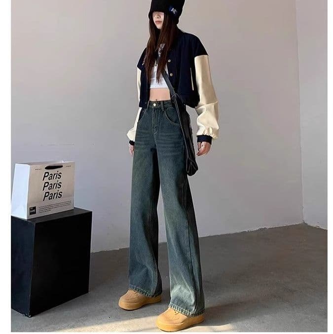 青ファッション ゆったりワイドデニムパンツ