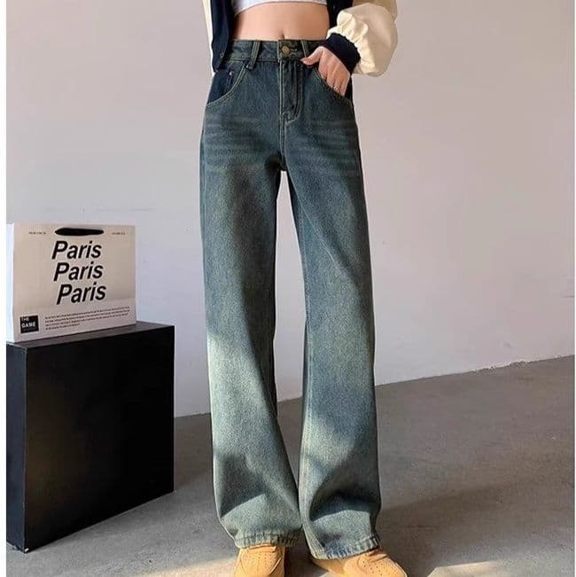 青ファッション ゆったりワイドデニムパンツ