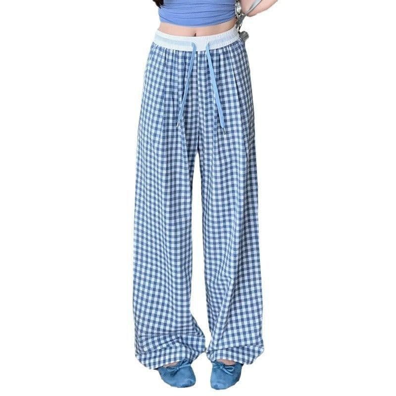青ファッション 格子柄ゆったりワイドパンツ