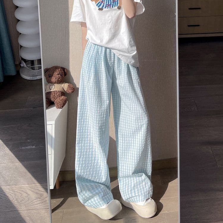 青ファッション 格子柄ゆったりワイドパンツ