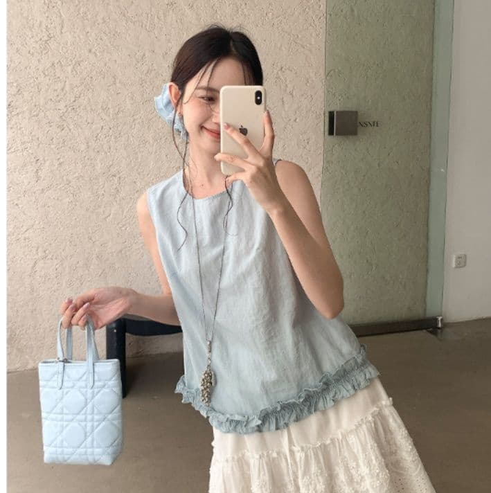 青ファッション ふんわりフリルノースリーブシャツ