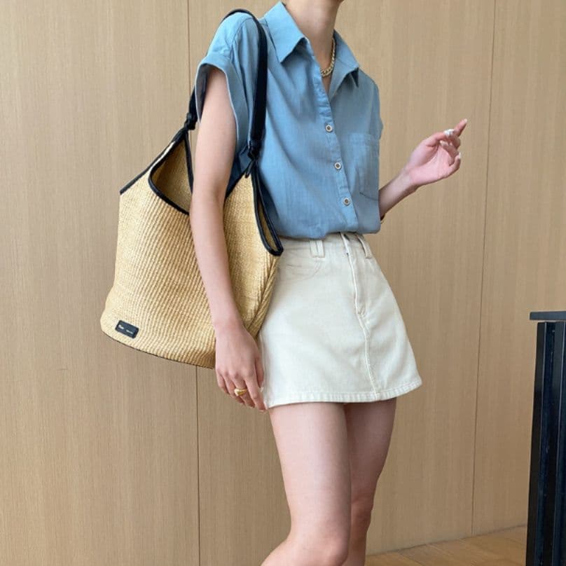 青ファッション フレンチロールアップシャツ
