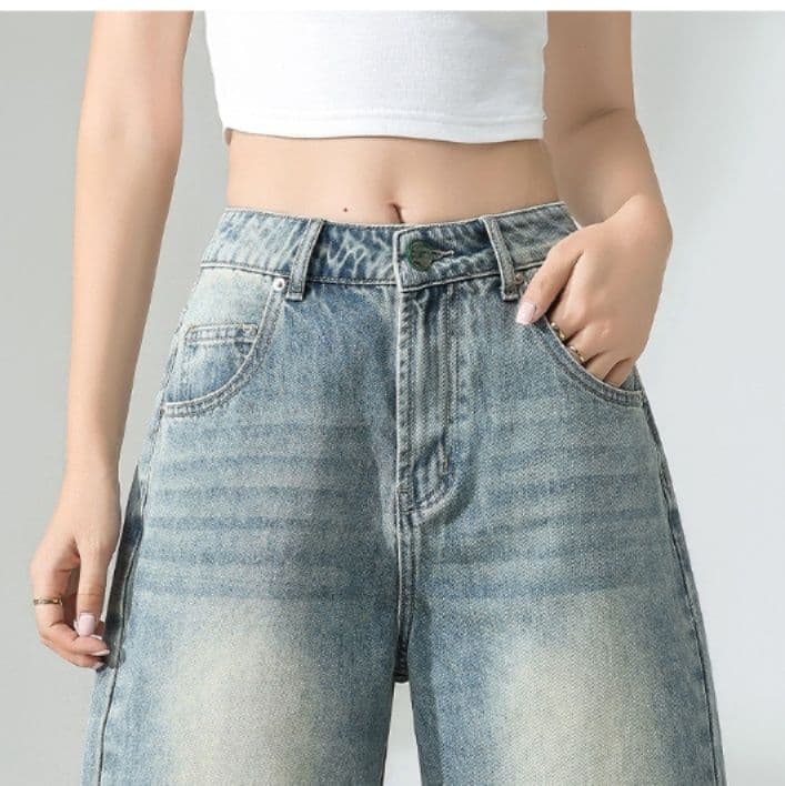 青ファッション ゆったりガウチョデニムパンツ