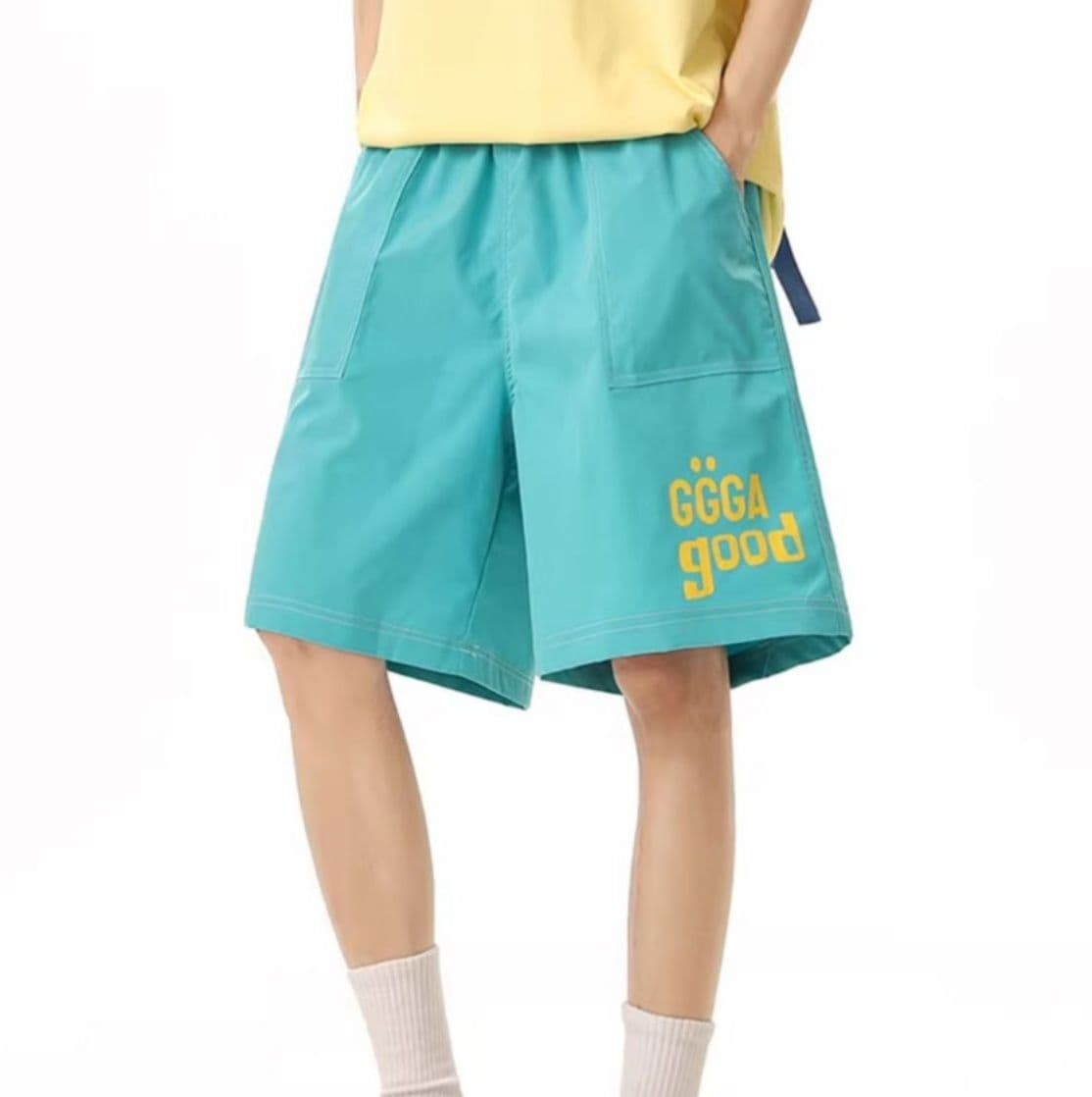 青ファッション ゆったりロゴ入りハーフパンツ