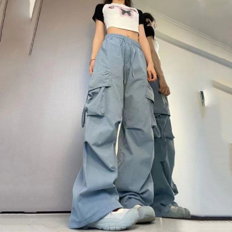 青ファッション ワイドシルエット多機能ポケットパンツ