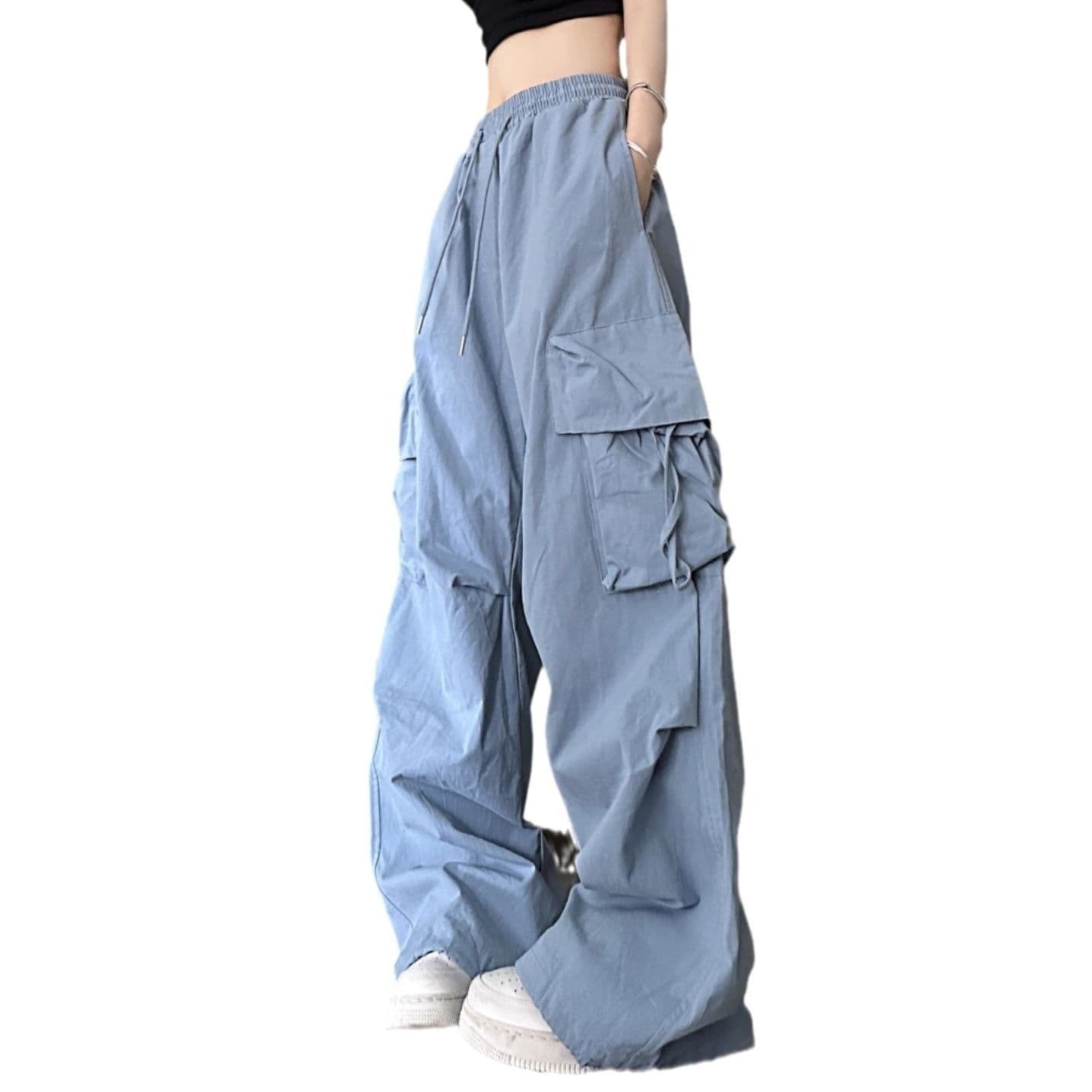 青ファッション ワイドシルエット多機能ポケットパンツ