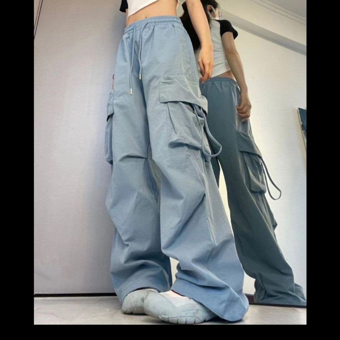 青ファッション ワイドシルエット多機能ポケットパンツ