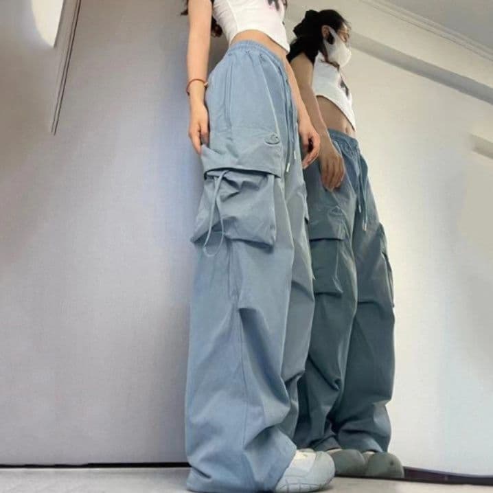 青ファッション ワイドシルエット多機能ポケットパンツ
