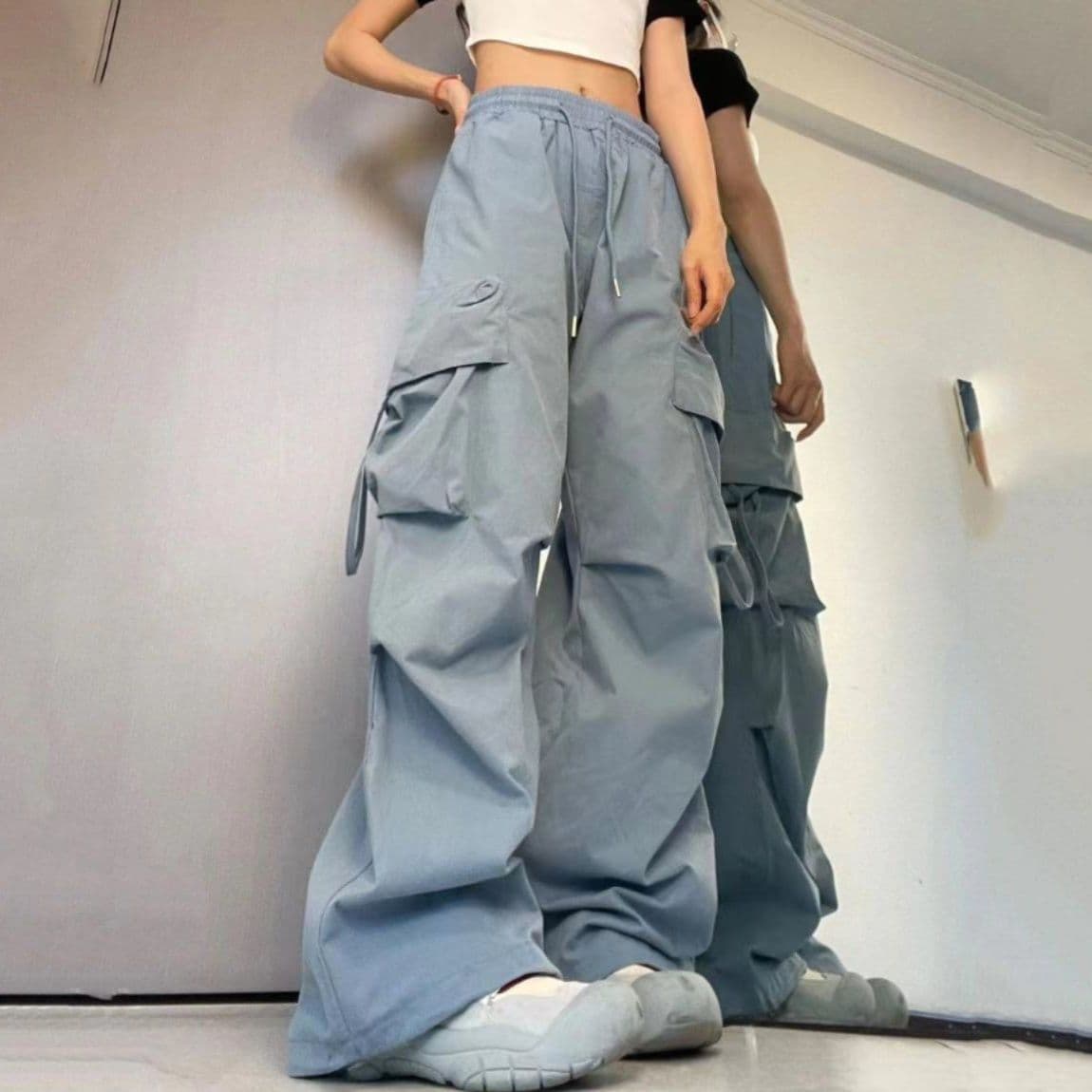 青ファッション ワイドシルエット多機能ポケットパンツ