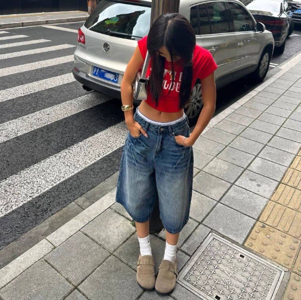 青ファッション ゆったりワイドガウチョパンツ