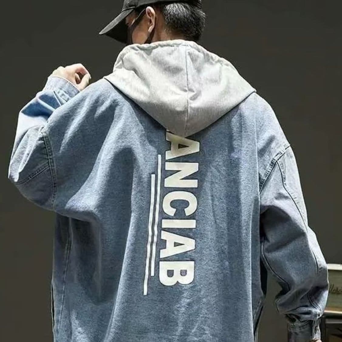 青ファッション バックロゴ フーディデニムジャケット