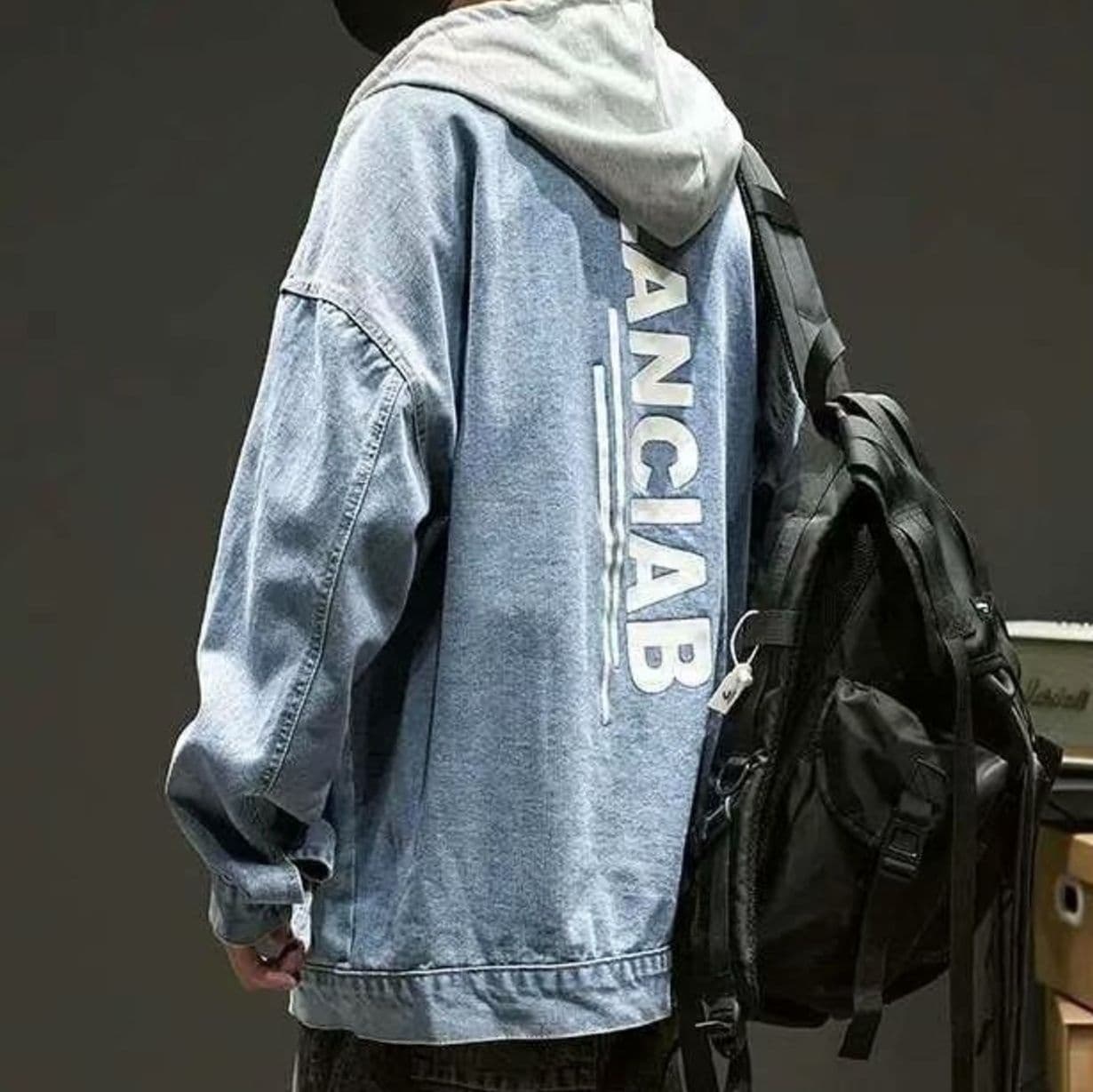 青ファッション バックロゴ フーディデニムジャケット