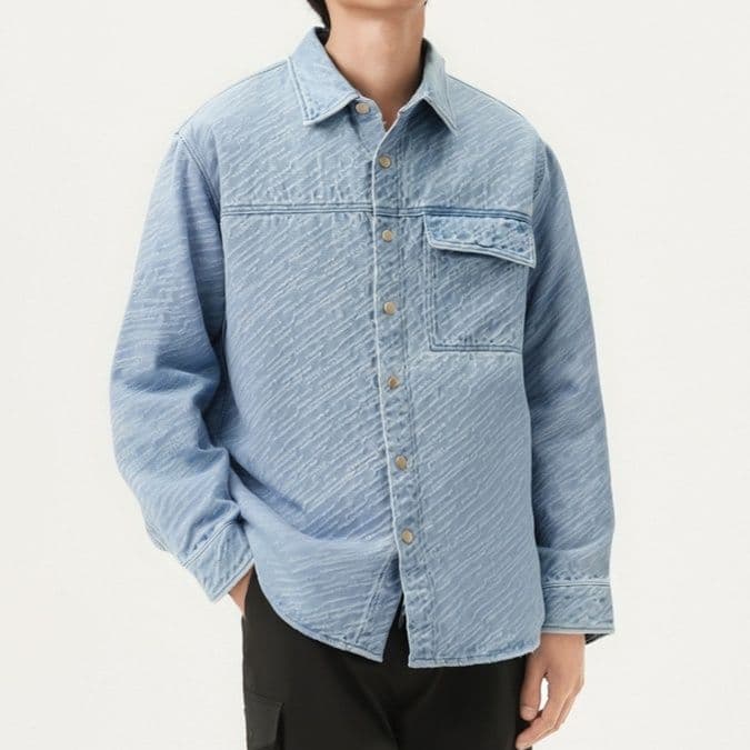 青ファッション ストライプ柄ポケット付きシャツ