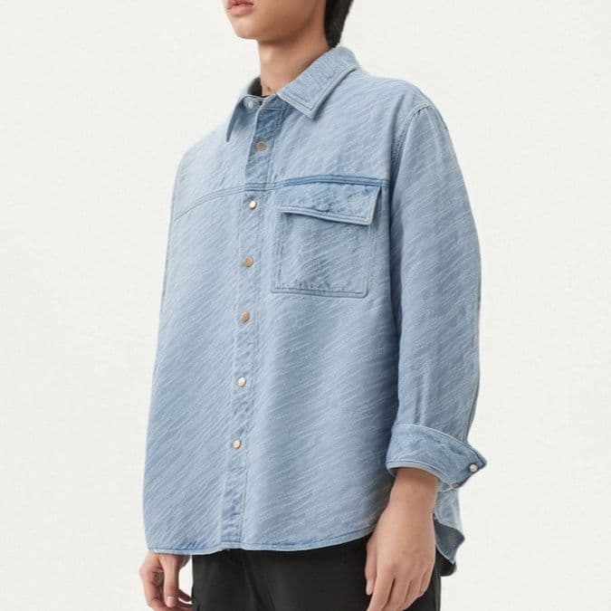 青ファッション ストライプ柄ポケット付きシャツ