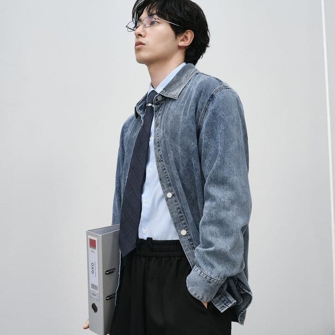 青ファッション ビンテージ風デニムシャツ