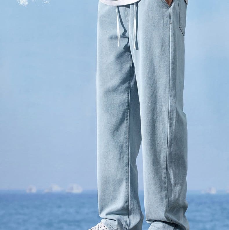 青ファッション リラックス紐付きデニムパンツ