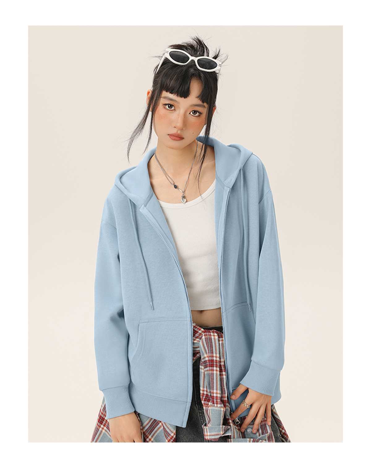 青ファッション パーカー シンプル快適ゆったりジップアップパーカー