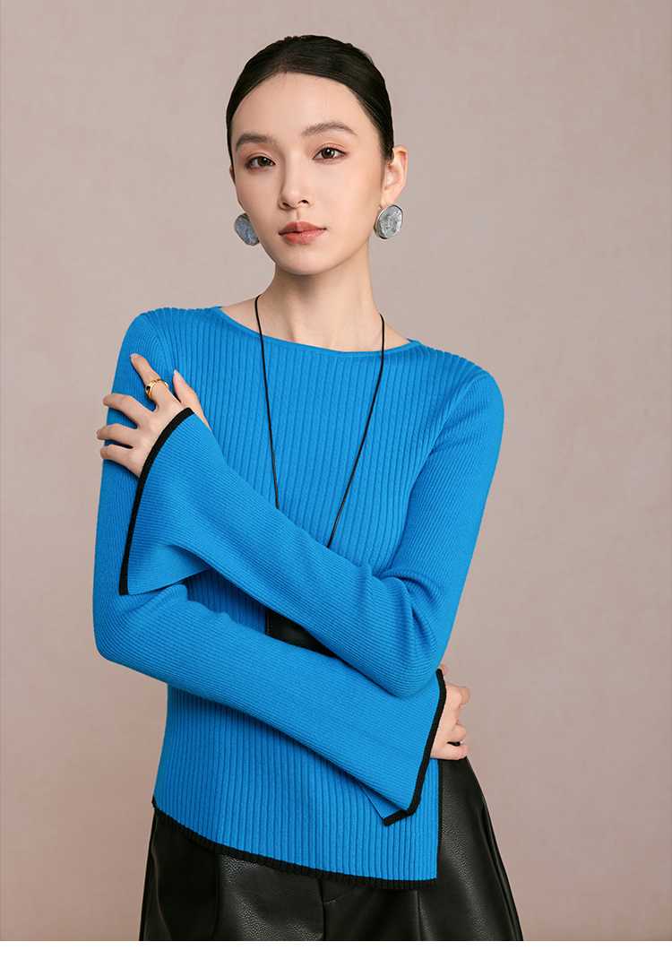青ファッション ニット リブ編みボートネックニット