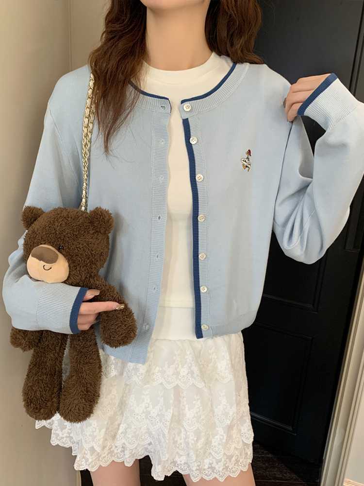 青ファッション カーディガン シンプル刺繍入りニットカーディガン