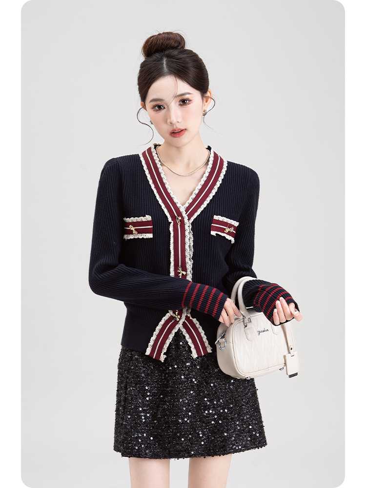 青ファッション 青ファッション レース縁取りリブ編みカーディガン