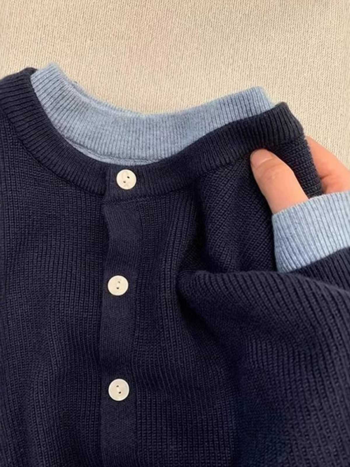青ファッション 青ファッション バイカラーリブ編みカーディガン