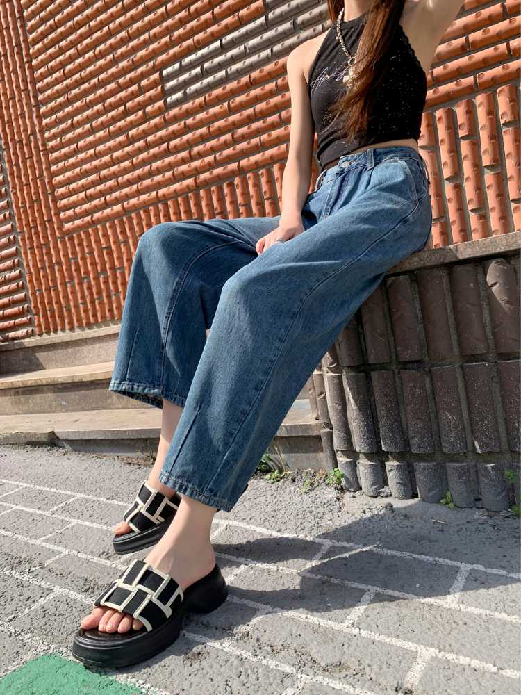 青ファッション ゆったりワイドデニムパンツ